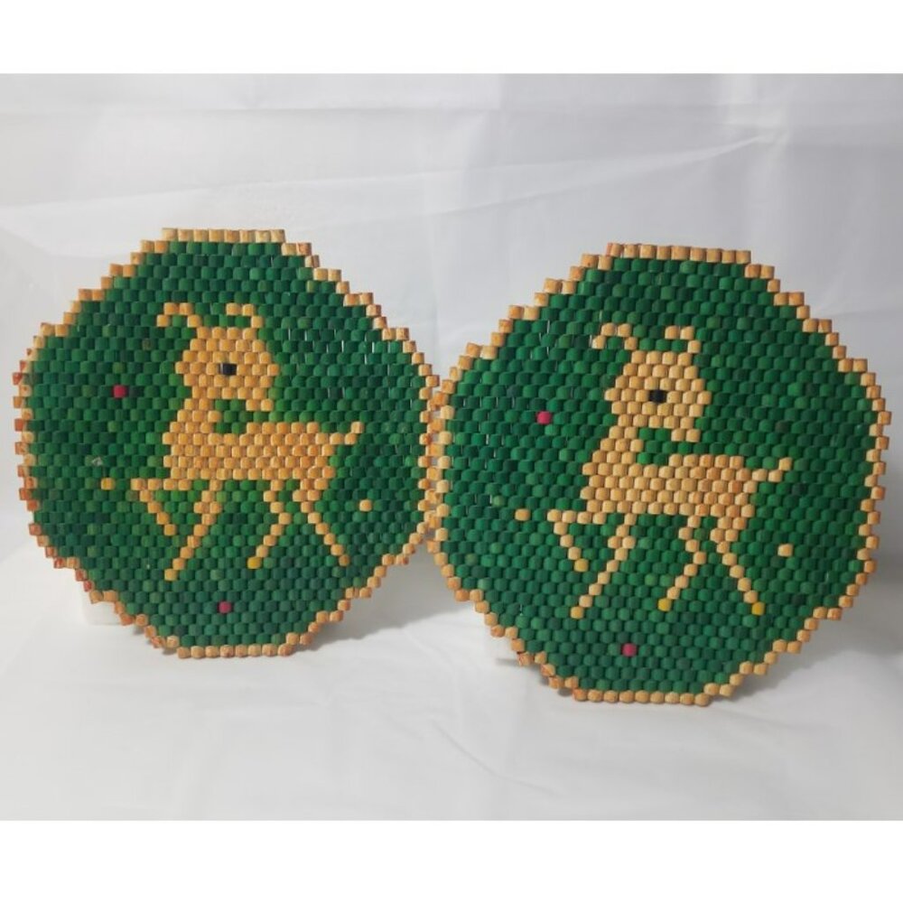 Vtg Bamboo Wood Bead Trivets Hot Pads Reindeer Deer Fawn 8"  Green Red